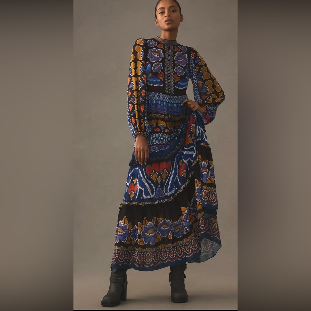 FARM Rio Black, Blue & Mustard Floral‑Print Long Sleeve Maxi Dress